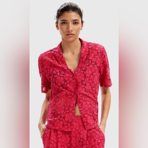 Desigual Women’s Lace Resort Short Sleeve Button Up Shirt Pink - Picture 1 of 11